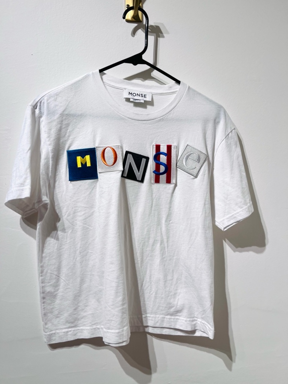 MONSE White Cotton Boxy Tee with Multicolor Patch Letters Size Medium